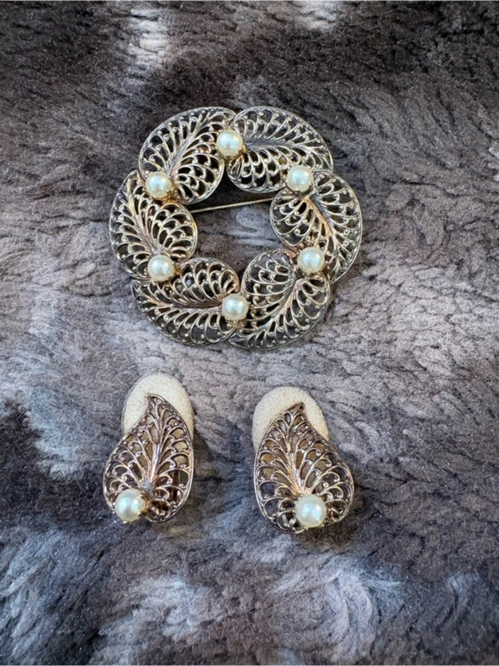 Vintage Gold Toned and Faux Pearl Wreath Brooch with Matching Clip Earrings